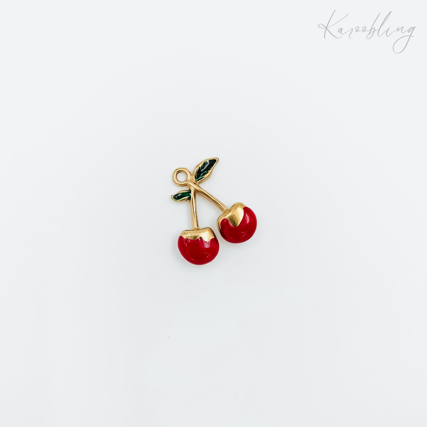 18k gold plated enamel cherry and leaf charm (water & tarnish proof)
