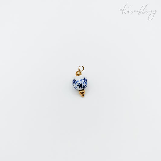 Gold Plated Blue & White Porcelain Bead Charm (water & tarnish proof)