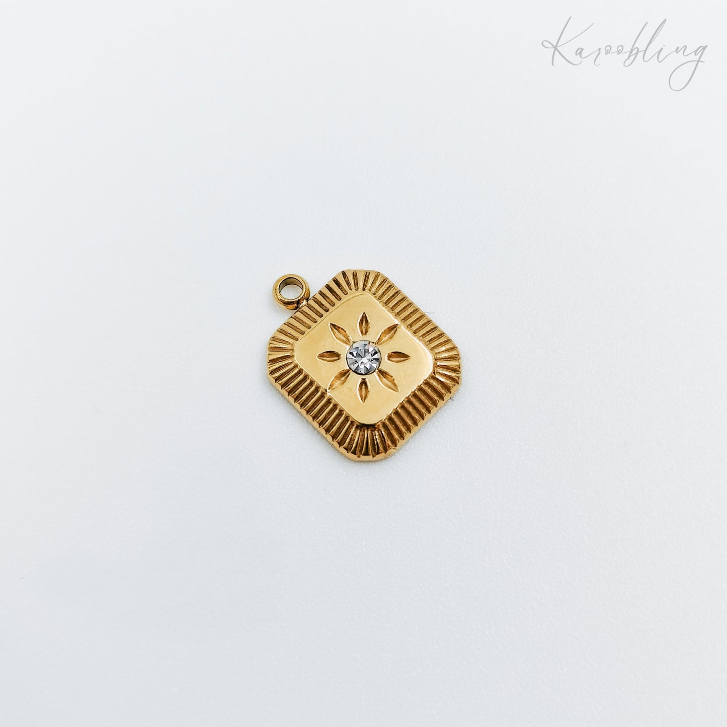 gold plated cubic zirconia sunburst square charm (water & tarnish proof)