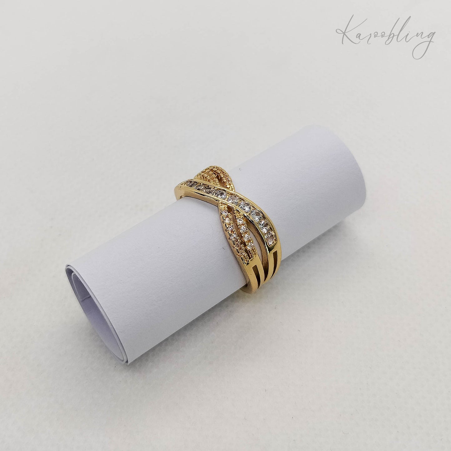Gold Plated Criss Cross Double Band Ring - close up