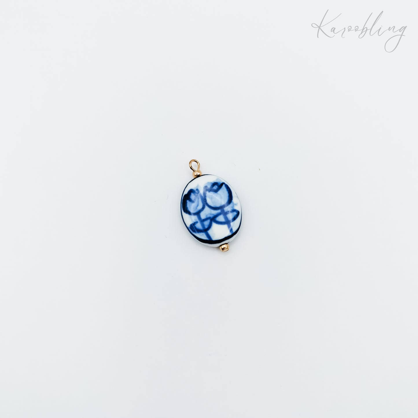 Gold Plated Delft Tulip Porcelain Oval Charm (water & tarnish proof