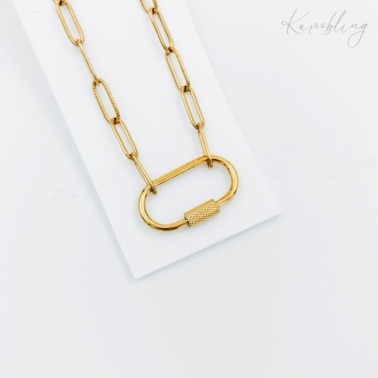 gold plated diamond texture carabiner charm necklace (water & tarnish proof)