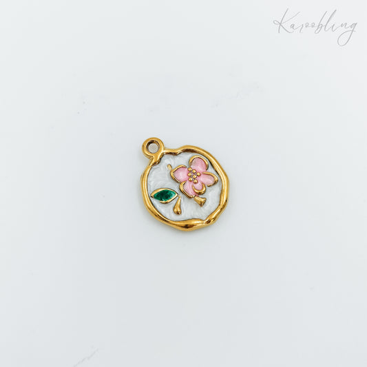 gold plated pink flower medallion charm (water & tarnish proof)