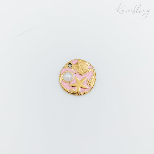 gold plated seashell & starfish pink enamel charm (water & tarnish proof)