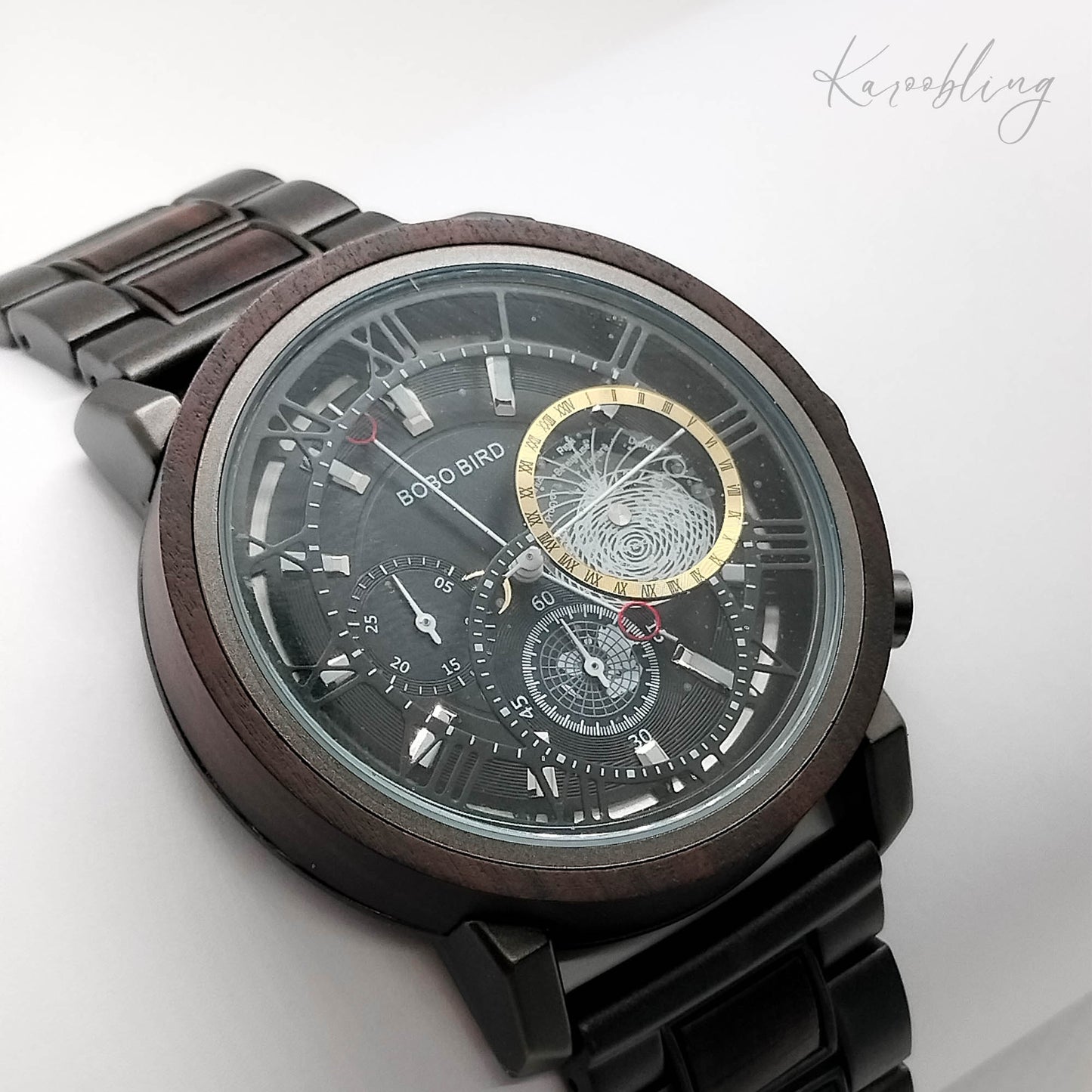 Gold trim, Ebony and Black Stainless Steel Men's Wooden Watch