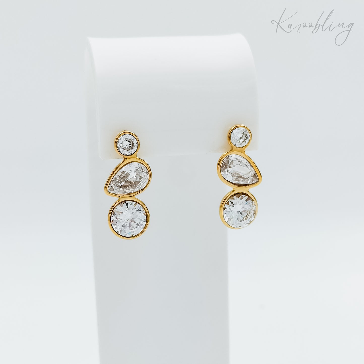 triple stone stud earrings 18k gold plated (water & tarnish proof)