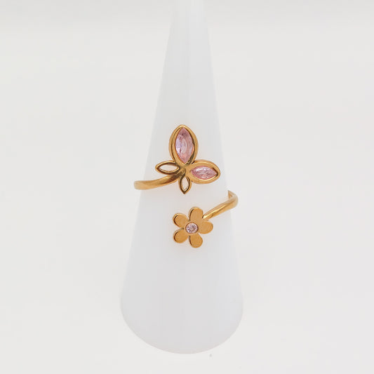Adjustable gold plated butterfly and flower cubic zirconia ring, waterproof and tarnish resistant