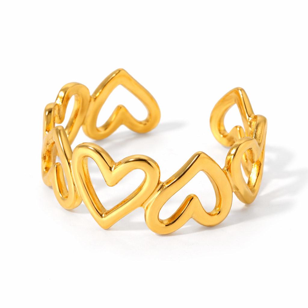 Adjustable gold plated heart ring, waterproof and tarnish resistant