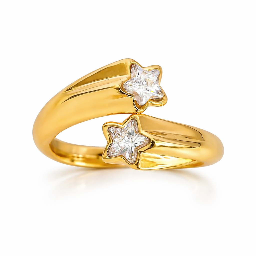 Adjustable gold plated star rhinestone ring, waterproof and tarnish resistant