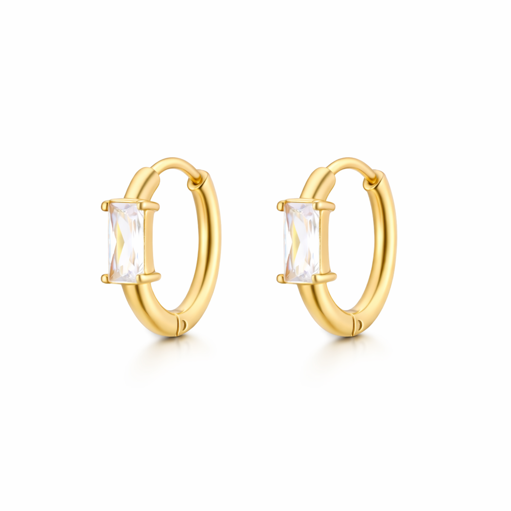 gold plated baguette cubic zirconia huggie earrings, waterproof and tarnish resistant