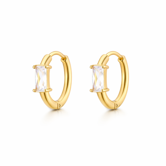 gold plated baguette cubic zirconia huggie earrings, waterproof and tarnish resistant