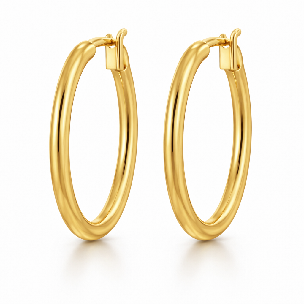 packshot of gold plated hoop earrings, waterproof and tarnish resistant
