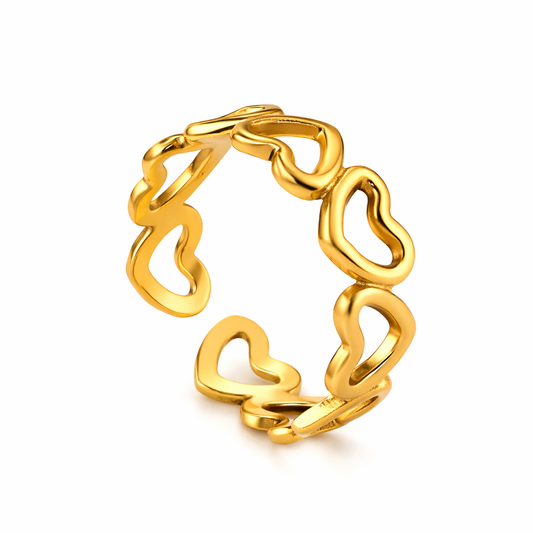 gold plated heart link adjustable ring, waterproof and tarnish resistant