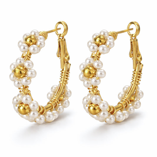 gold plated pearl daisy hoop earrings, waterproof and tarnish resistant
