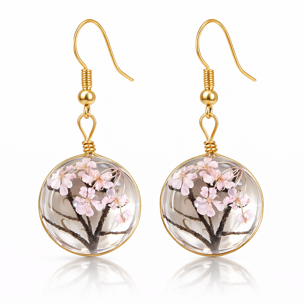 gold plated resin flower dangle earrings (fashion jewellery)