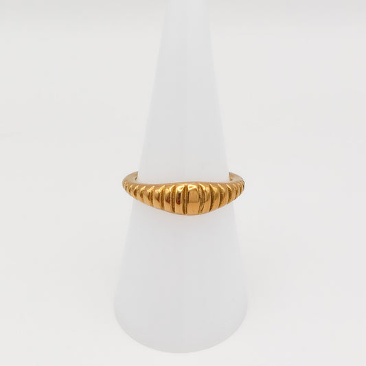 A gold-plated stainless steel ribbed dome ring displayed on a white cone stand.