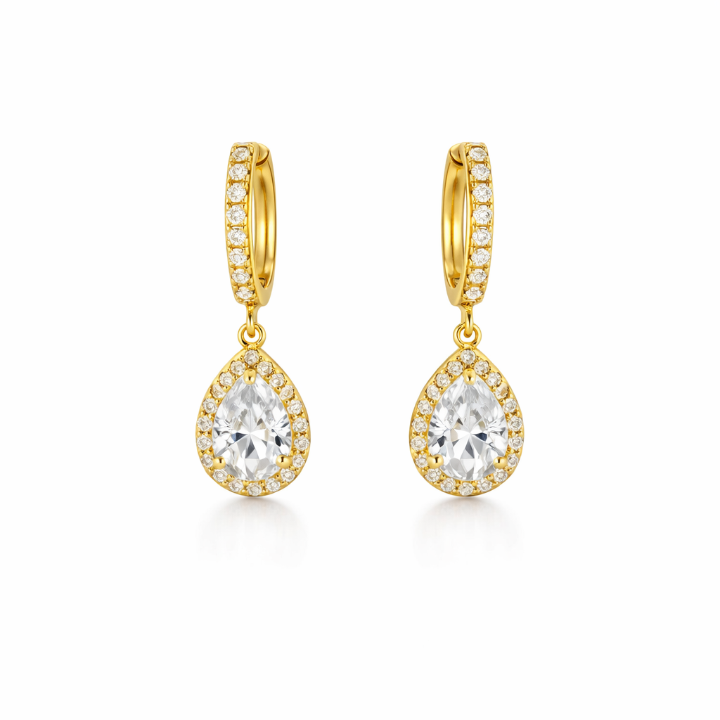 packshot of gold plated teardrop huggie earrings from fashion jewellery collection