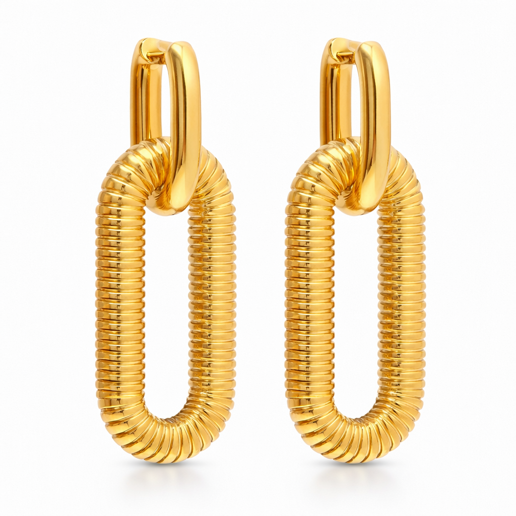 packshot of gold plated texture chain earrings, waterproof & tarnish resistant