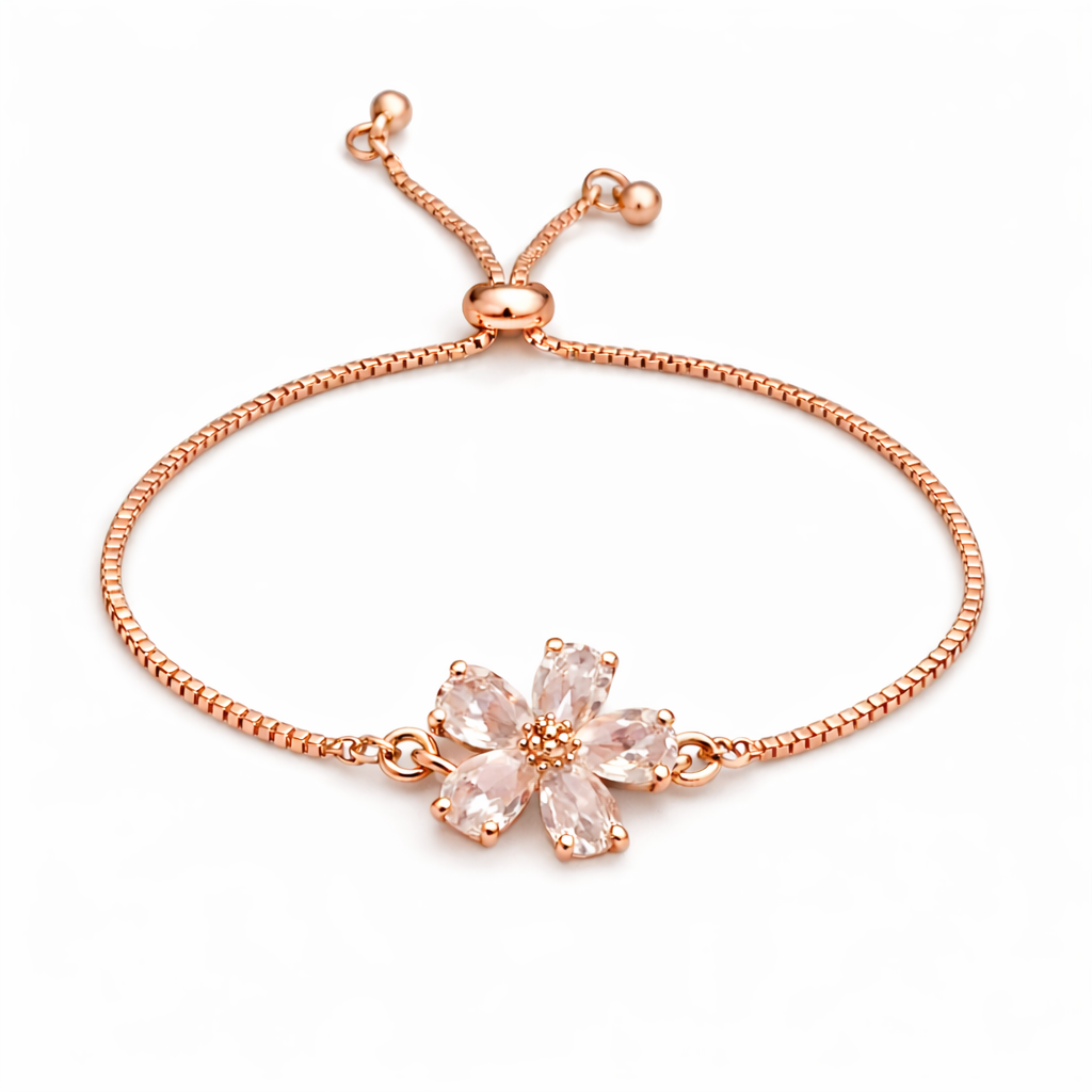 rose gold plated cubic zirconia flower pullcord bracelet, fashion jewellery packsot