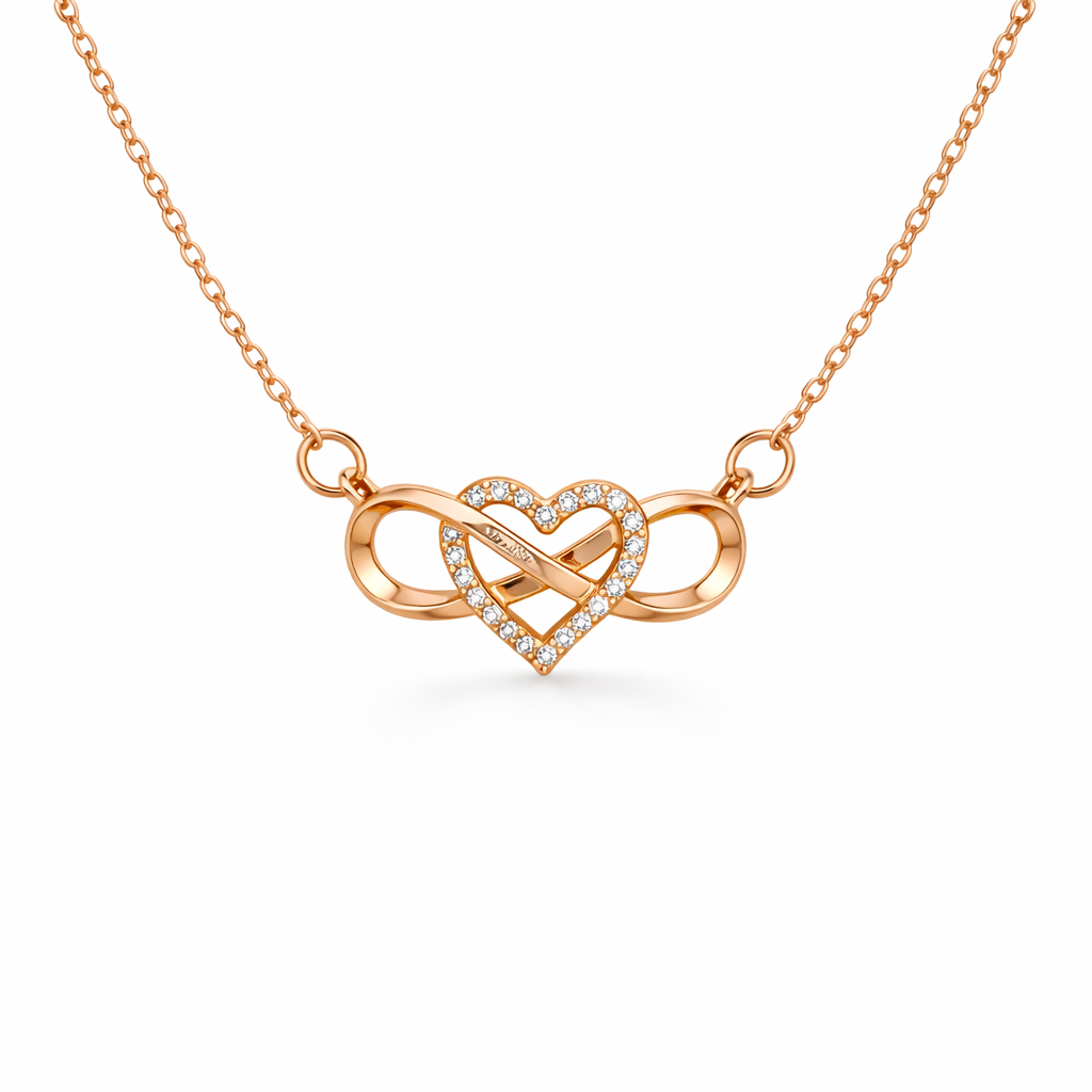 rose gold plated rhinestone heart infinity necklace, fashion jewellery packshot
