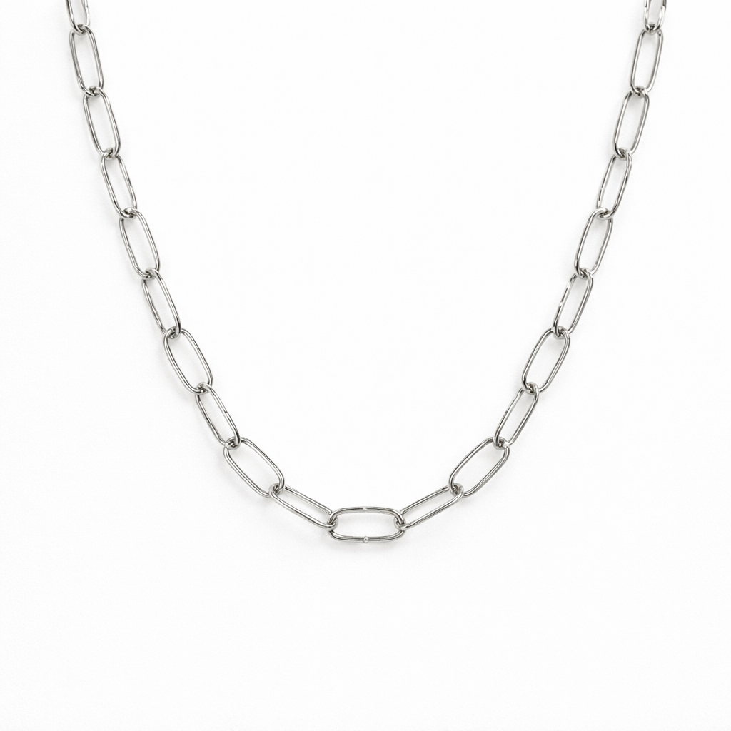 silver plated paperclip chain necklace, fashion jewellery packshot