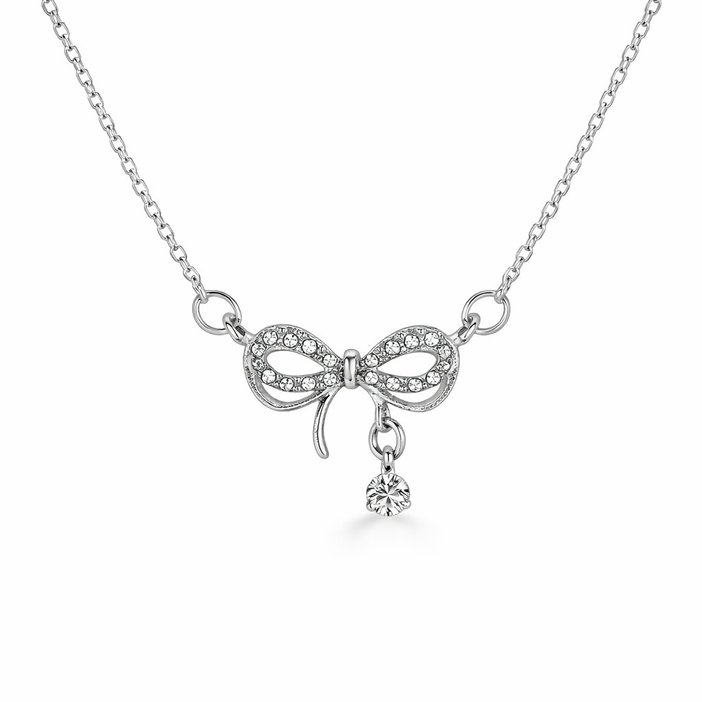 silver plated rhinestone bow necklace, fashion jewellery packshot