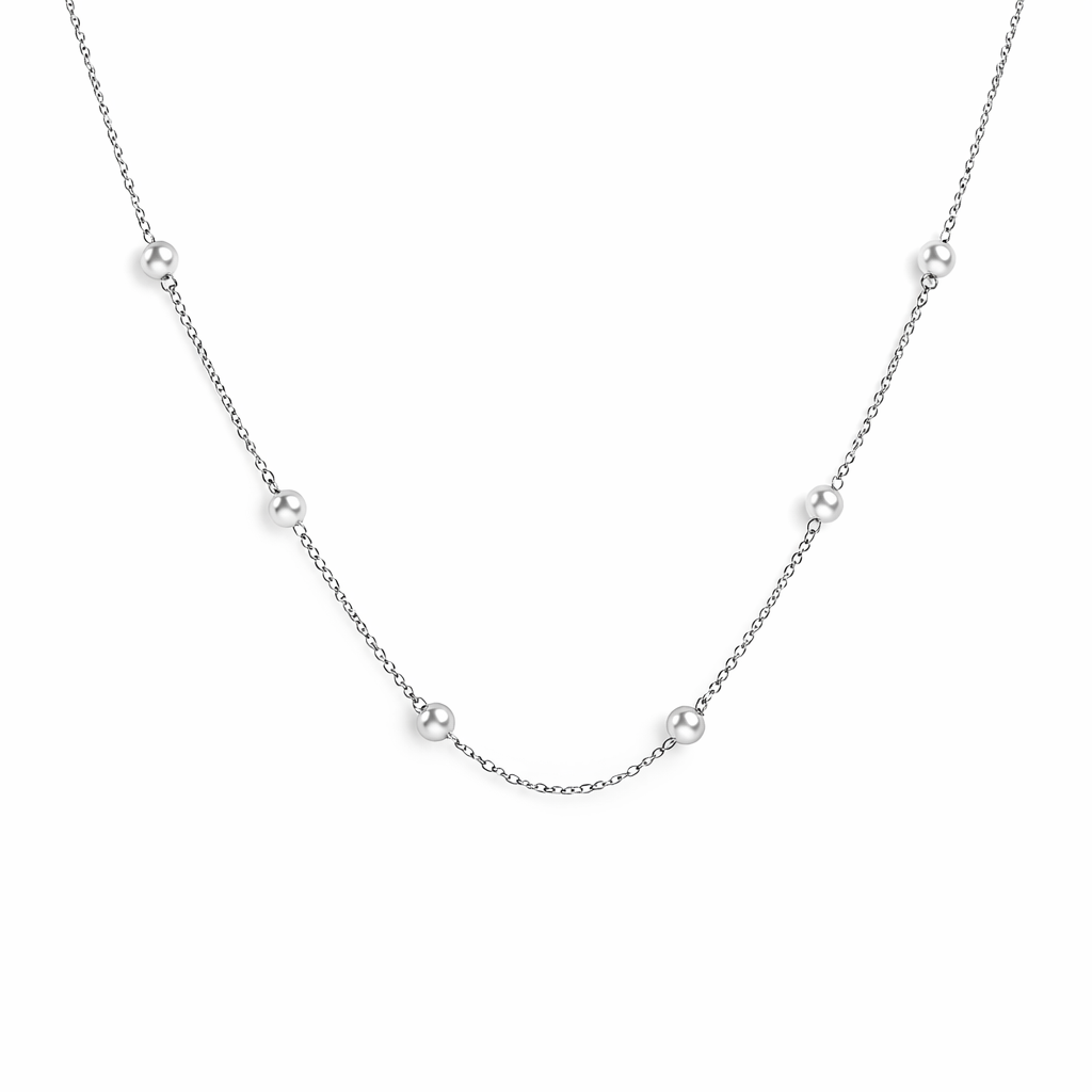 silver plated spaced out pearl necklace, fashion jewellery packshot