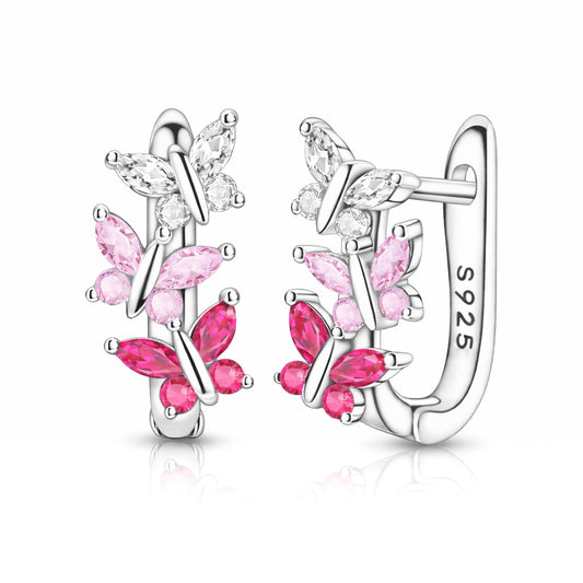 sterling silver pink butterfly french hoop earrings, hypoallergenic jewellery