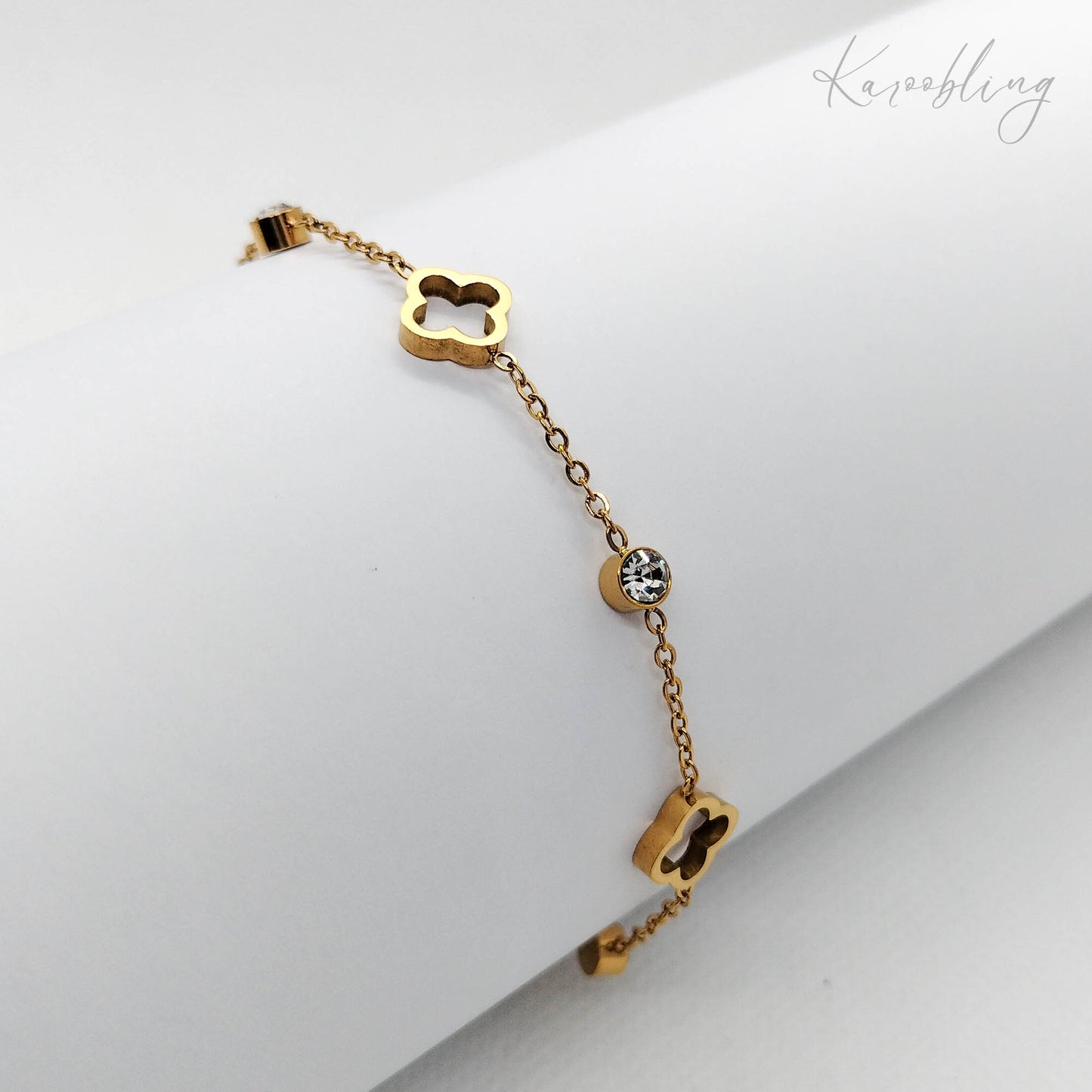 18K Gold Plated Clover CZ Bracelet Karoobling Jewelry - close up