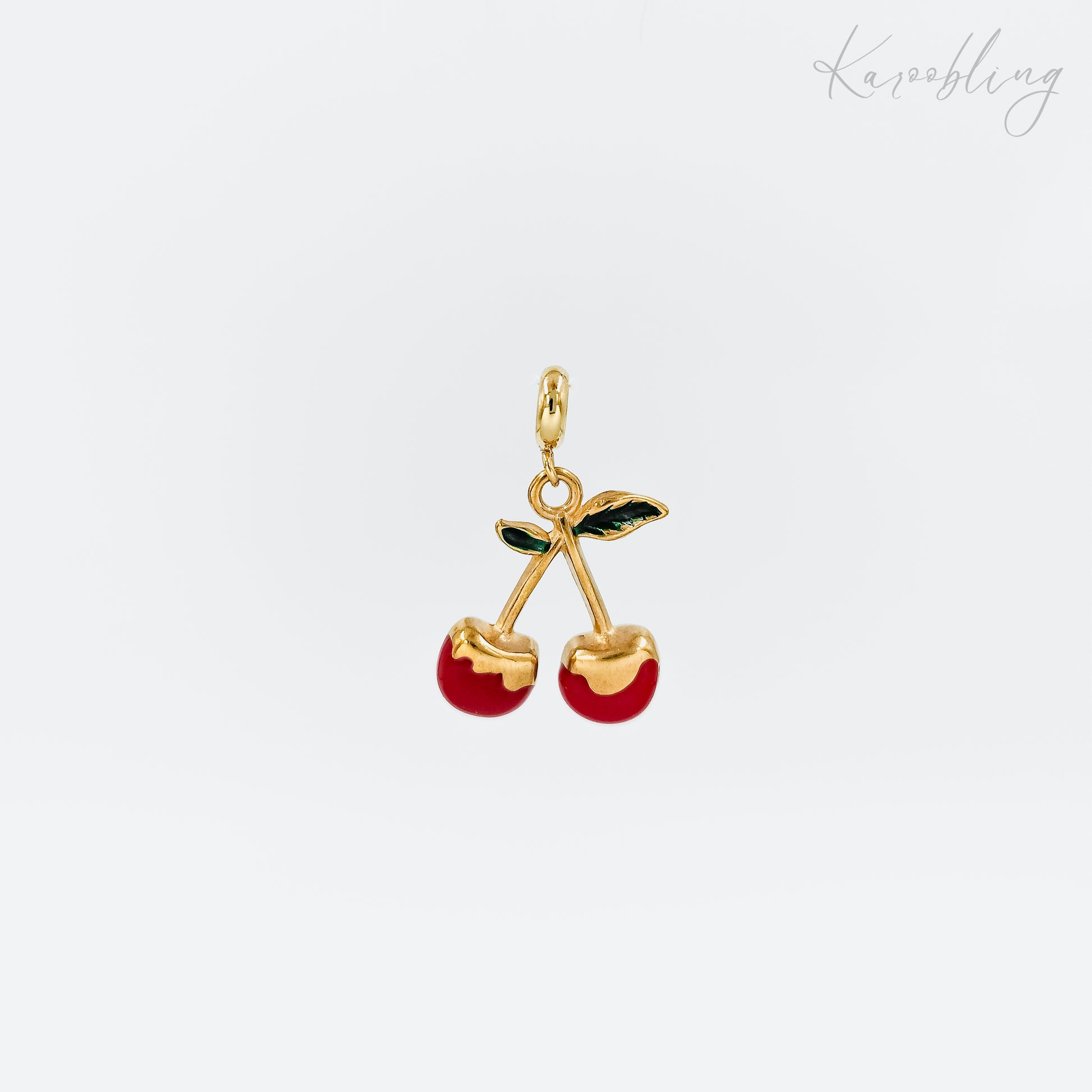 18k gold plated enamel cherry and leaf charm (water & tarnish proof)