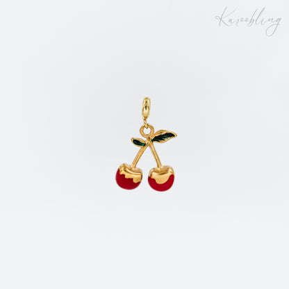 18k gold plated enamel cherry and leaf charm (water & tarnish proof)