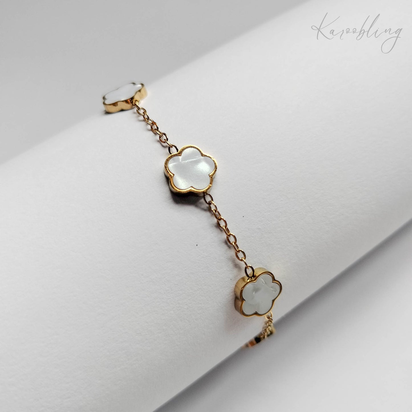 18K Gold Plated Marbled White Clover Bracelet