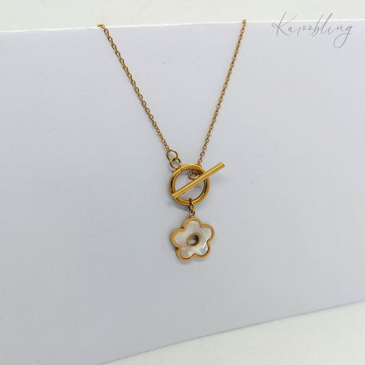 18K Gold Plated OT & Shell Flower Pendant Necklace - zoomed out angle