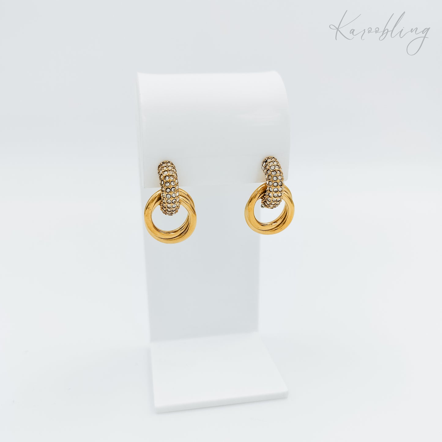 18K gold plated pave cubic zirconia ring-drop studs (water & tarnish proof)