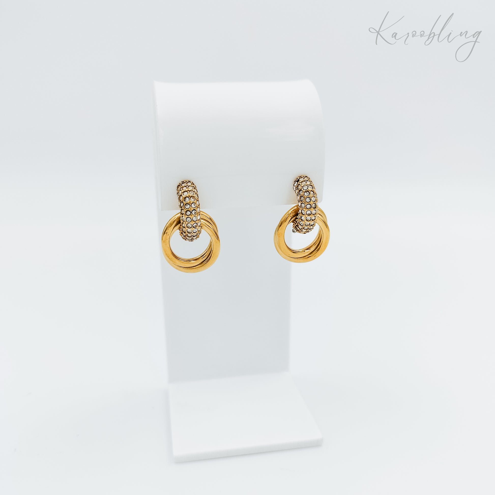 18K gold plated pave cubic zirconia ring-drop studs (water & tarnish proof)