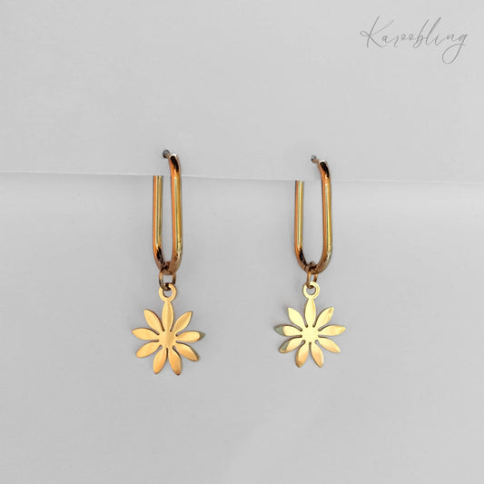 18K Gold Plated Sunflower Charm Oval Hoop Earrings