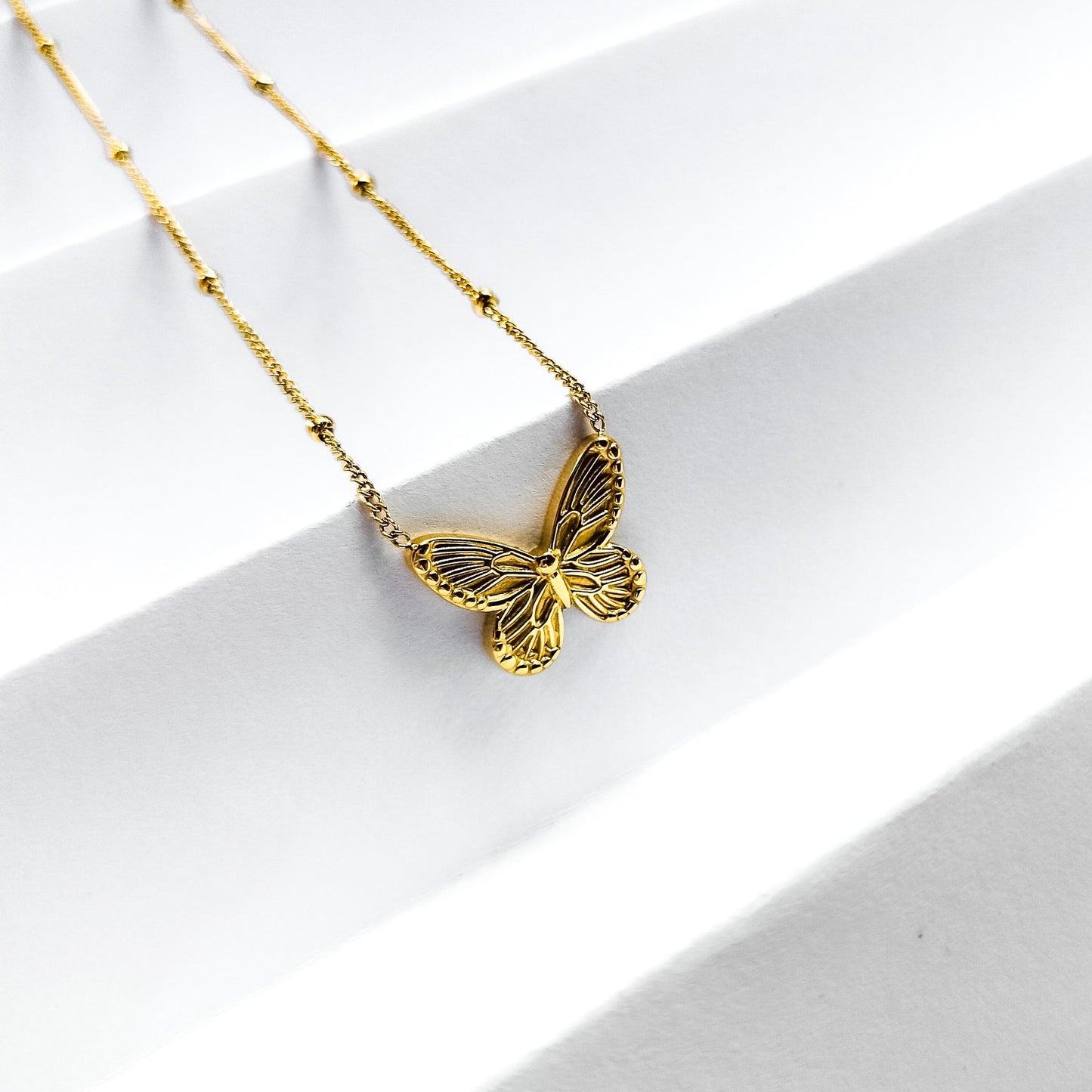 18k gold plated detailed butterfly necklace, water and tarnish proof