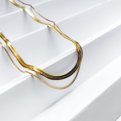 18k gold plated double snake chain necklace, water and tarnish proof