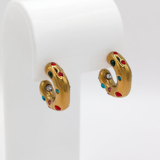 18k gold plated funky rainbow cubic zirconia hoop earrings, waterproof and tarnish resistant