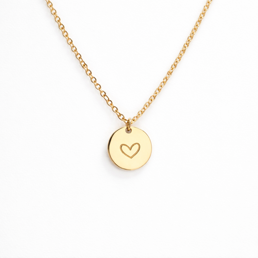 18k gold plated heart disk necklace, water and tarnish proof packshot