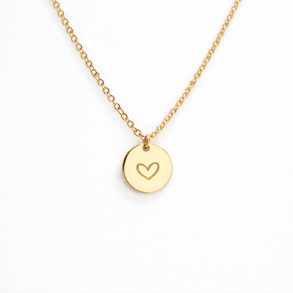 18k gold plated heart disk necklace, water and tarnish proof packshot