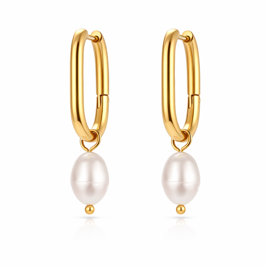 18k gold plated pearl hoop dangle earrings water and tarnish proof