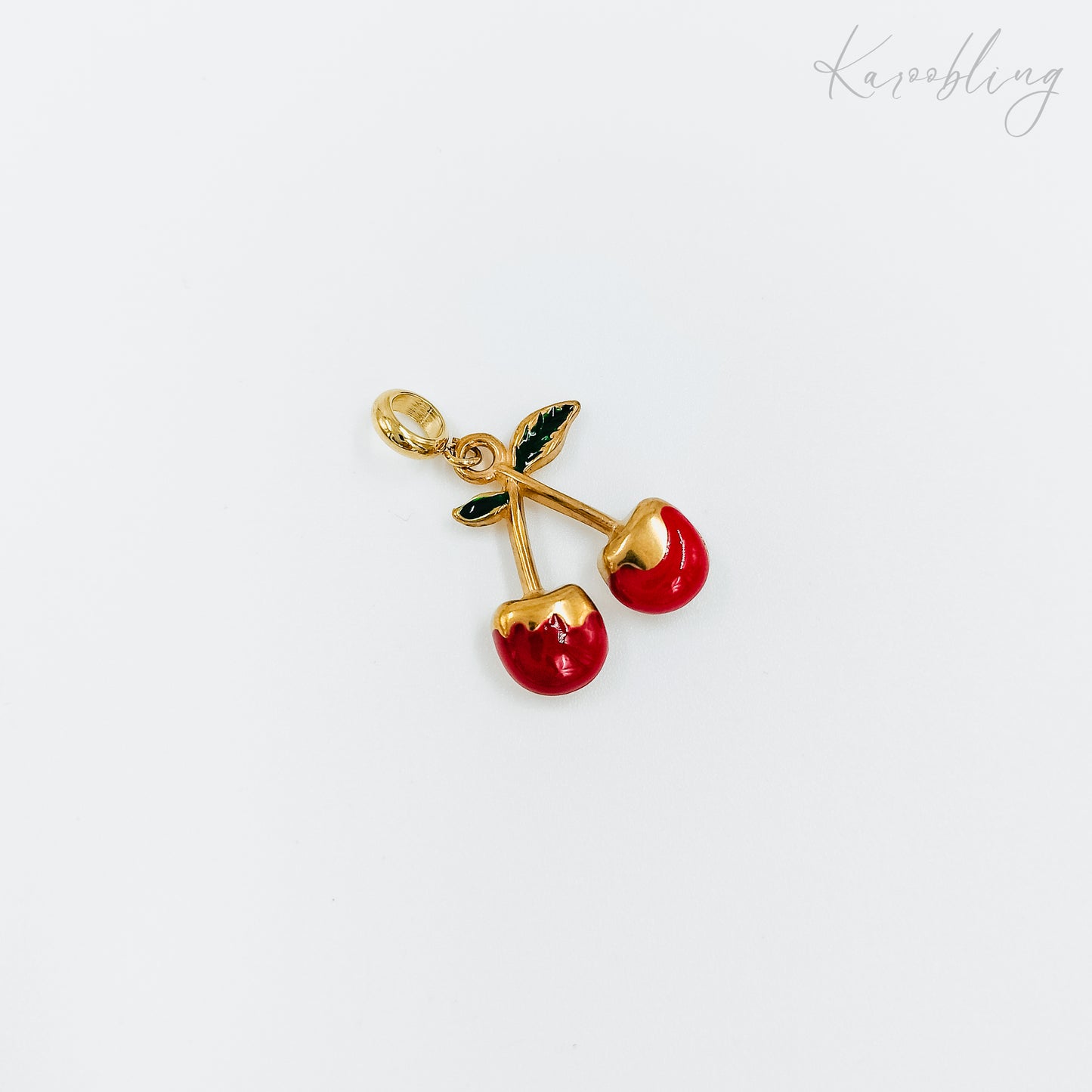 enamel cherry and leaf charm 18k gold plated (water & tarnish proof)