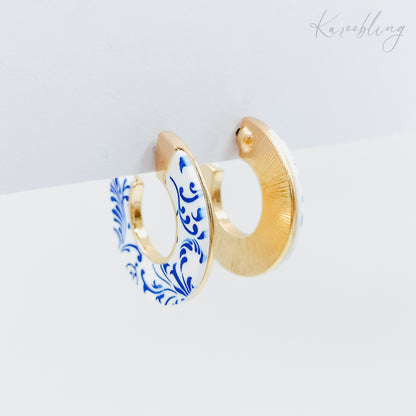 gold plated blue enamel hoop earrings