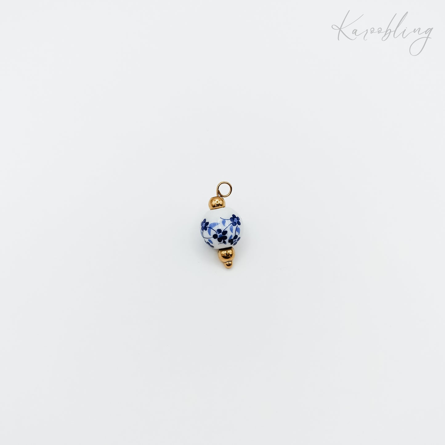 Gold Plated Blue & White Porcelain Bead Charm (water & tarnish proof)