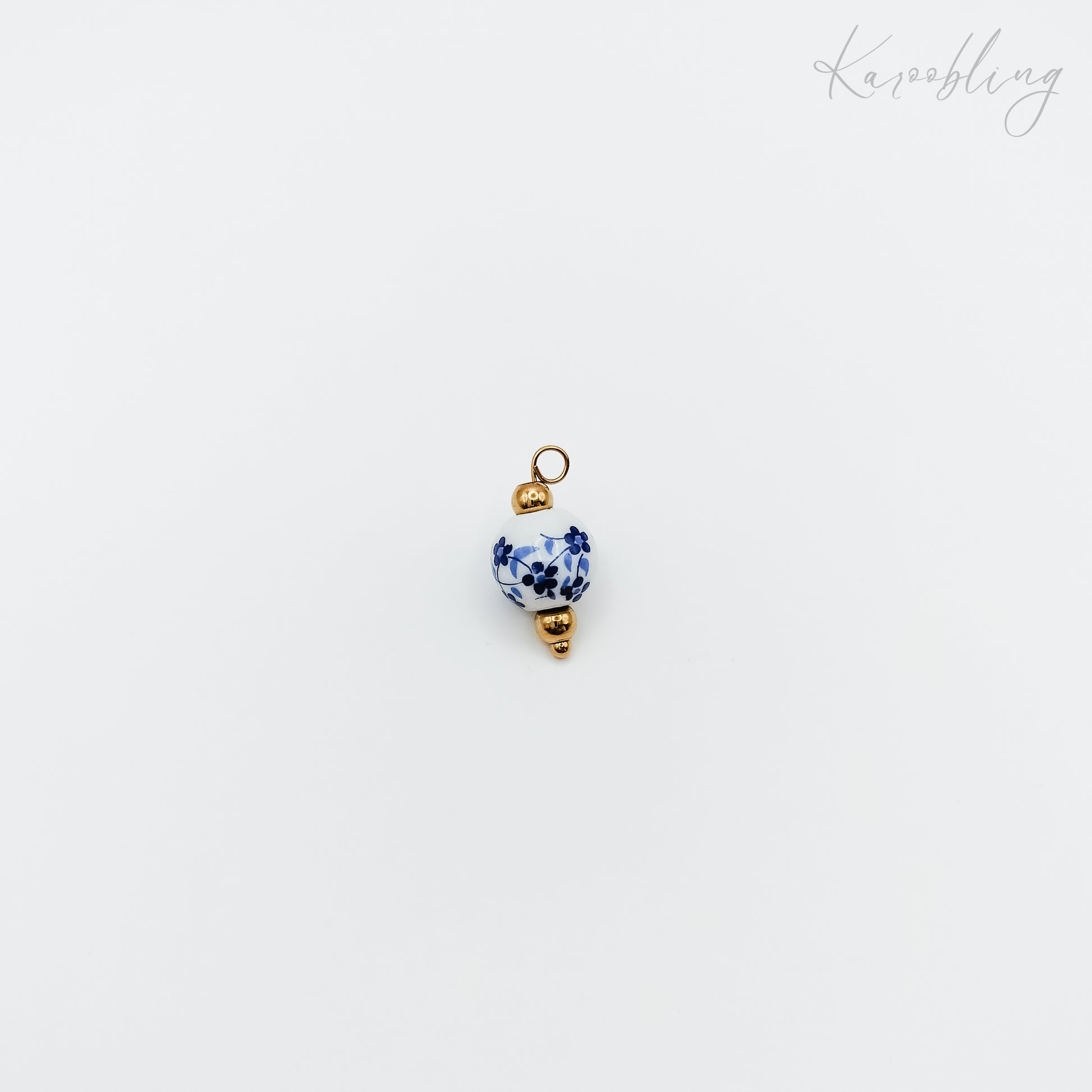 Gold Plated Blue & White Porcelain Bead Charm (water & tarnish proof)