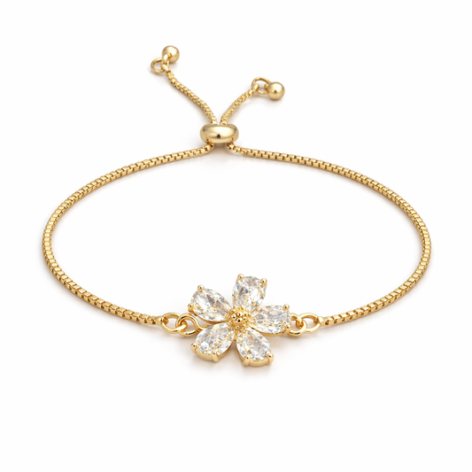 gold plated cubic zirconia flower pullcord bracelet (fashion jewellery)