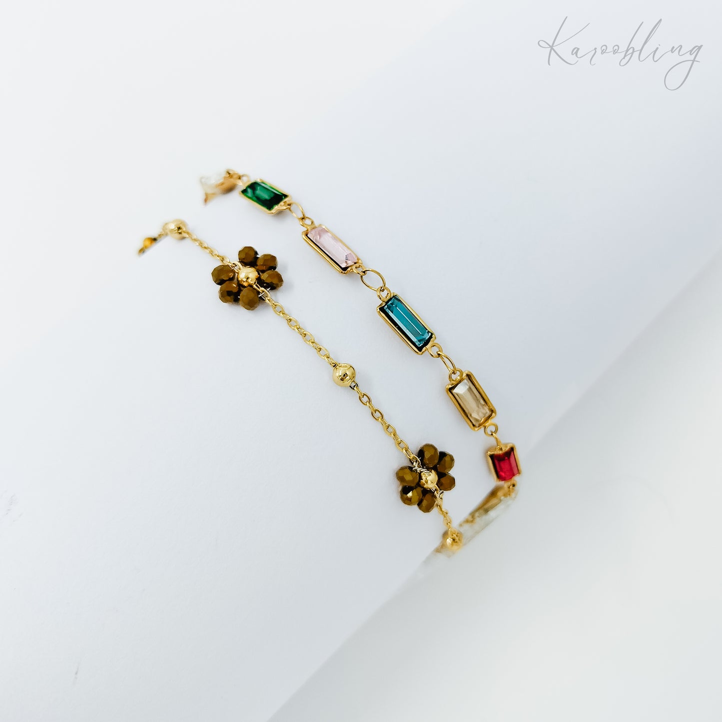 gold plated daisy & rhinestone bracelet (water & tarnish proof)