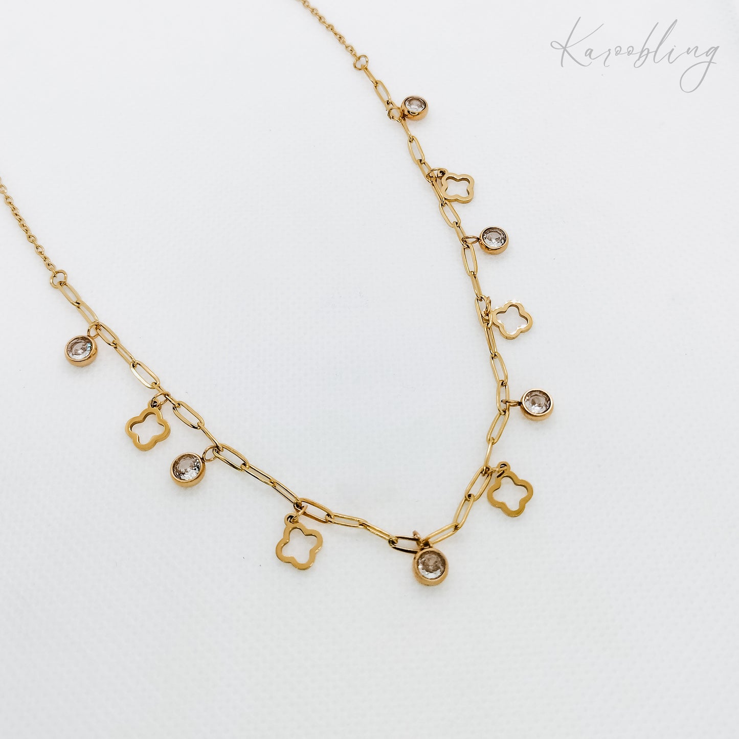 gold plated dangling clover charm necklace (water & tarnish proof)