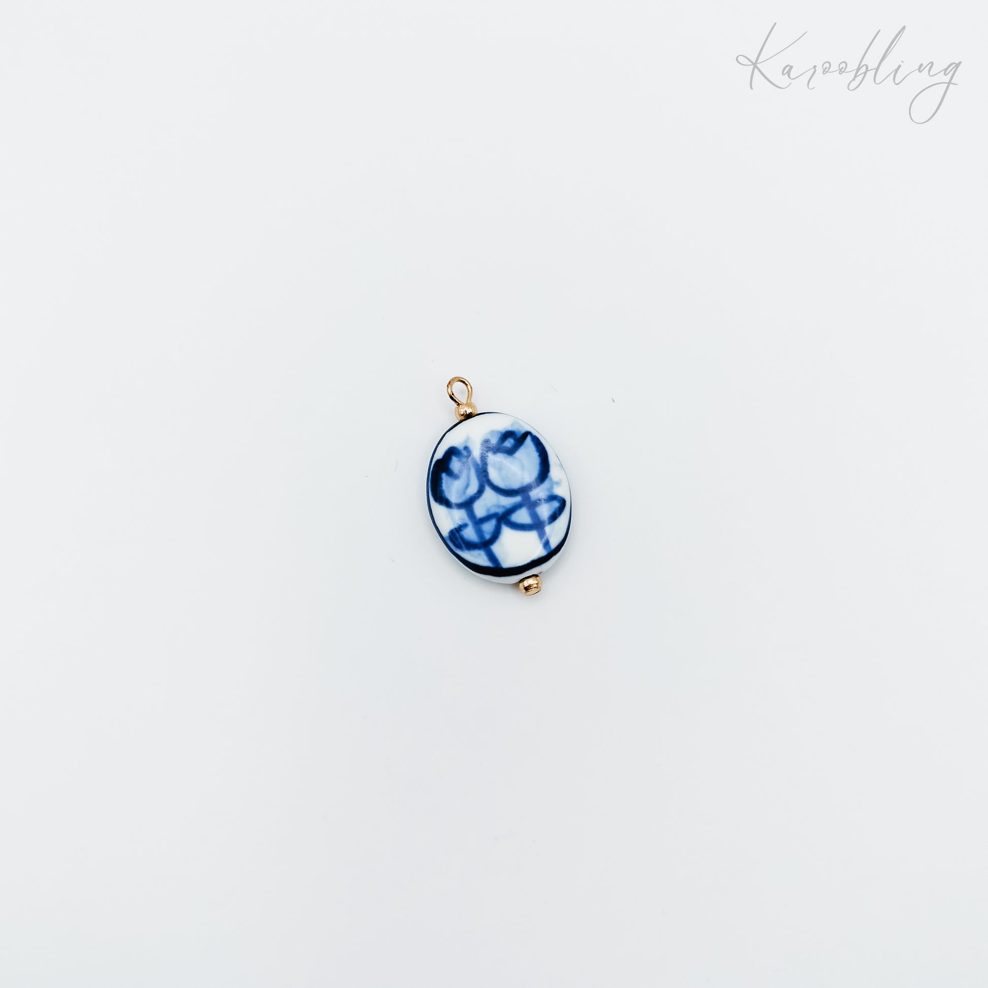 Gold Plated Delft Tulip Porcelain Oval Charm (water & tarnish proof